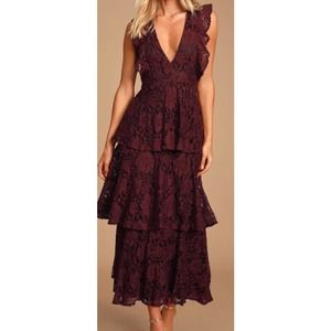 LULU'S XS Molinetto Burgundy Lace Ruffled Tiered Sleeveless Maxi Dress